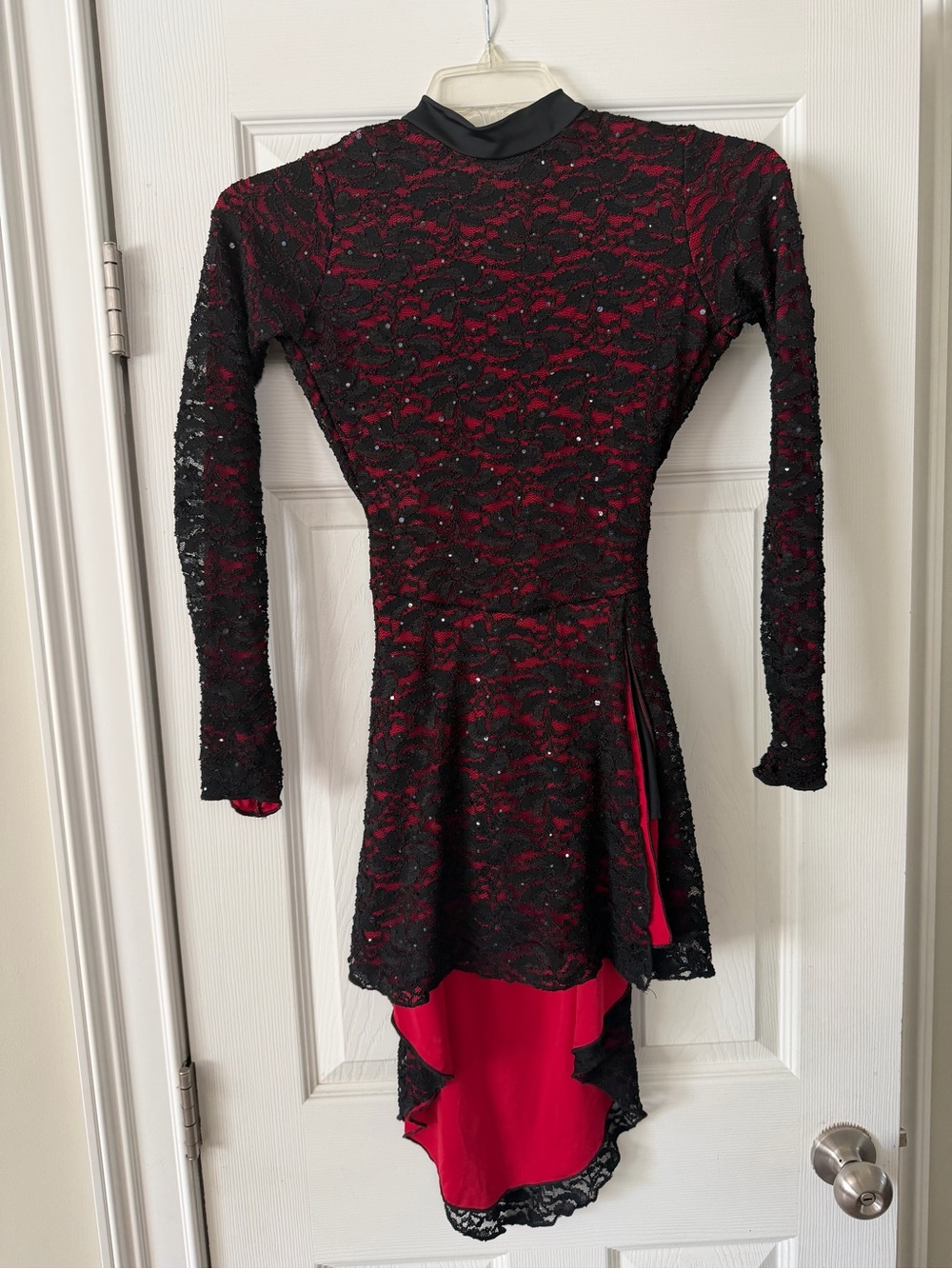 Preowned dance Double Platinum Adult Open Back Long Sleeve Lace Dress size P/ XS